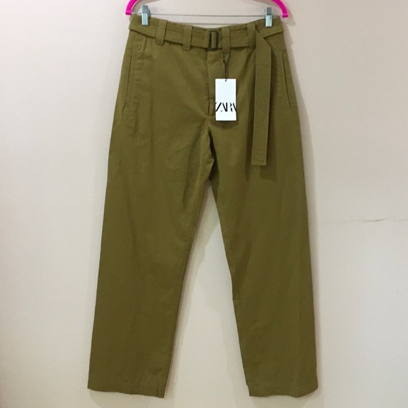 Zara ZW Collection Belted Wide Leg Pants Khaki - Picture 3 of 10
